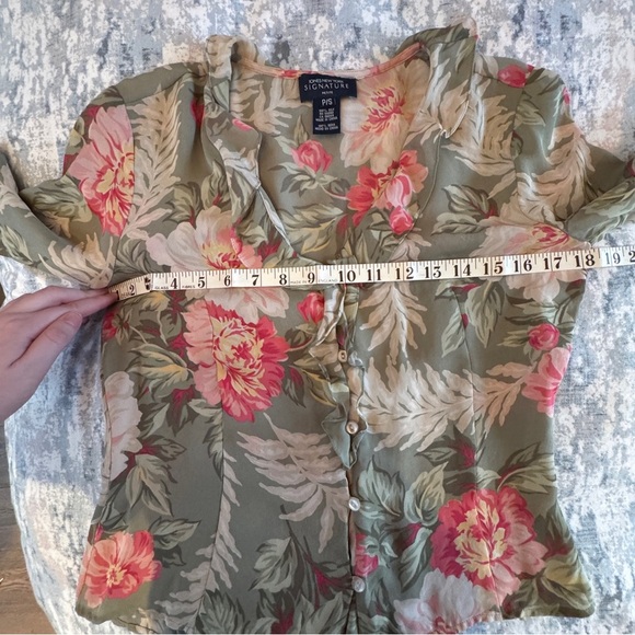 VTG Fairy Coquette 100% Silk Ruffle Blouse Size S P Sage Green Romantic Floral - Picture 14 of 16